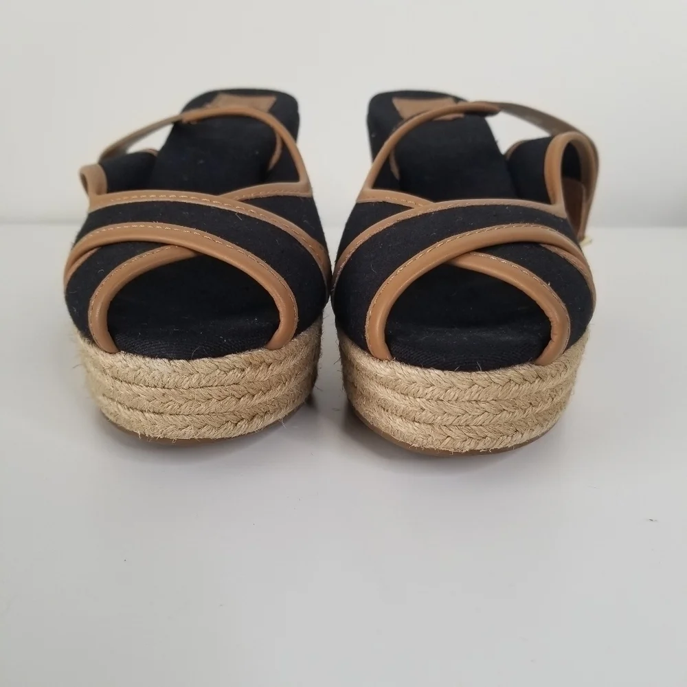 Tory Burch Majorca Peep Toe Sling Back Espadrille Wedges Size 9.5 Black/Tan